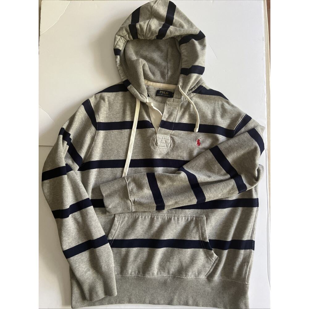 Vintage Ralph Lauren Polo Rugby Striped Hooded Sweatshirt Size XL Gray